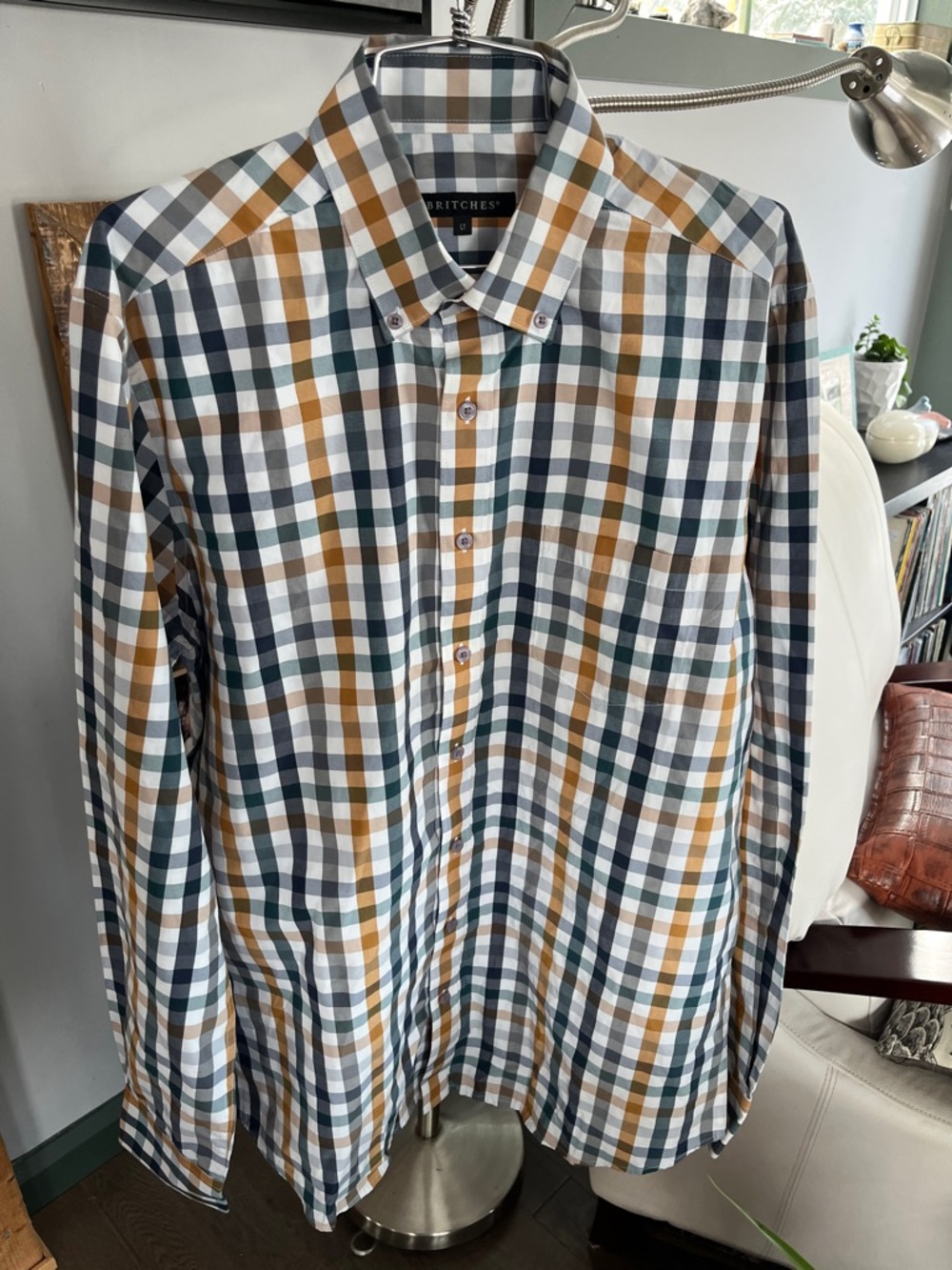 Britches by True Fit Men's Plaid Button-Down Shirt in White, Navy & Mustard